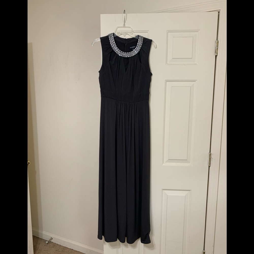 Formal long silver dress with gem neckline